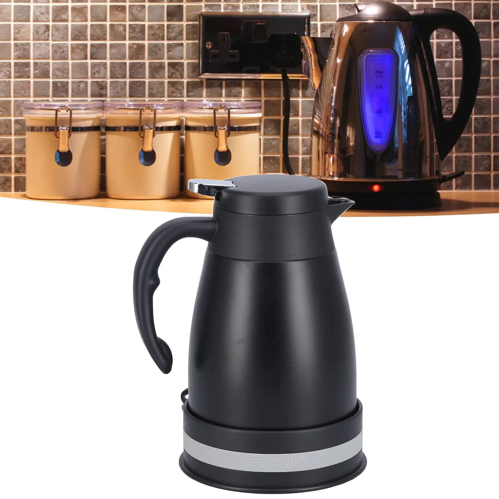 1300ml 24V car electric kettle stainless steel car kettle boiler cigarette lighter heating kettle mug electric travel warmer DC electric car teapot portable tea coffee water heater[Schwarz]