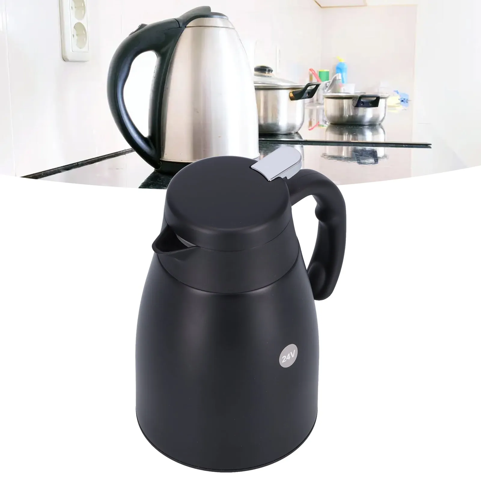 1300ml 24V car electric kettle stainless steel car kettle boiler cigarette lighter heating kettle mug electric travel warmer DC electric car teapot portable tea coffee water heater[Schwarz]