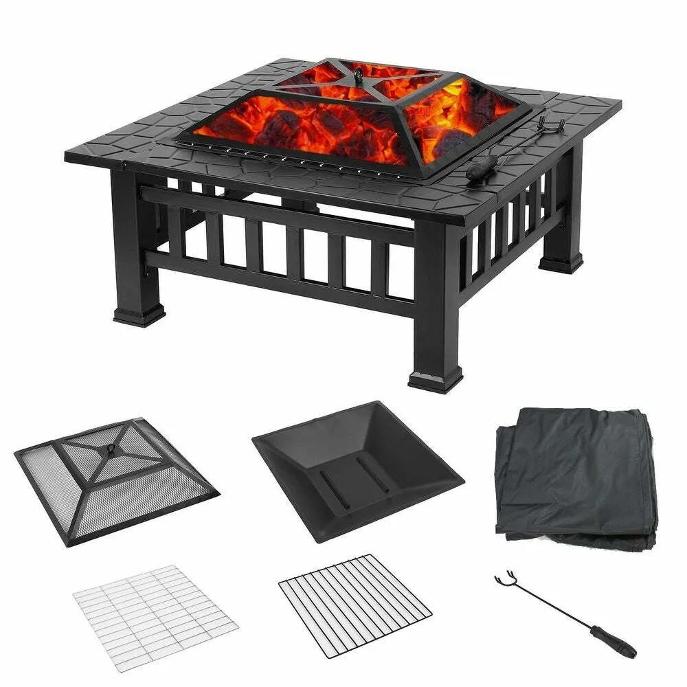 32 Inch Metal Portable Courtyard Fire Pit with Heating and Cooking Accessories