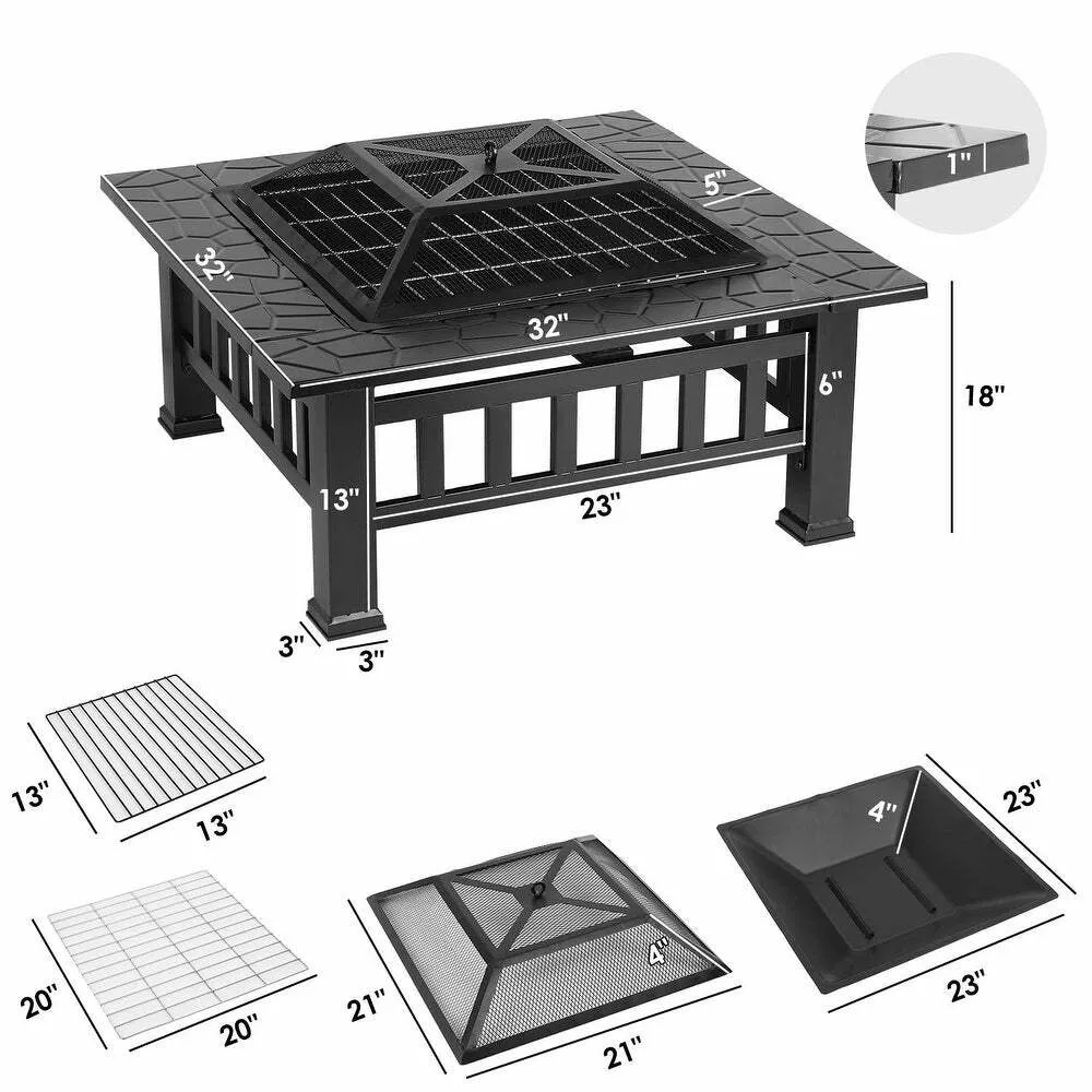 32 Inch Metal Portable Courtyard Fire Pit with Heating and Cooking Accessories