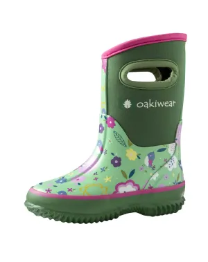 CHILDREN’S NEOPRENE RAIN/SNOW BOOTS, GREEN FLORAL