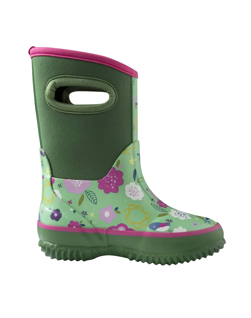 CHILDREN’S NEOPRENE RAIN/SNOW BOOTS, GREEN FLORAL