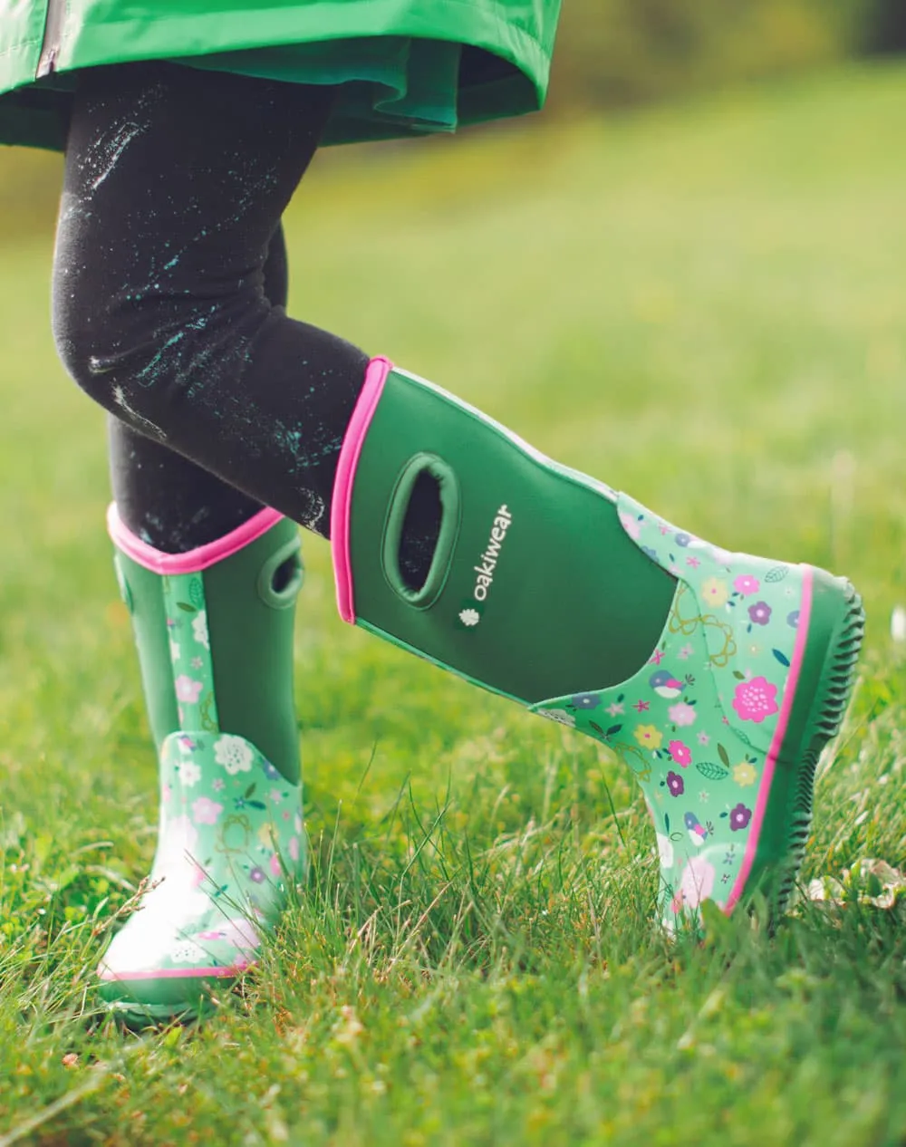 CHILDREN’S NEOPRENE RAIN/SNOW BOOTS, GREEN FLORAL