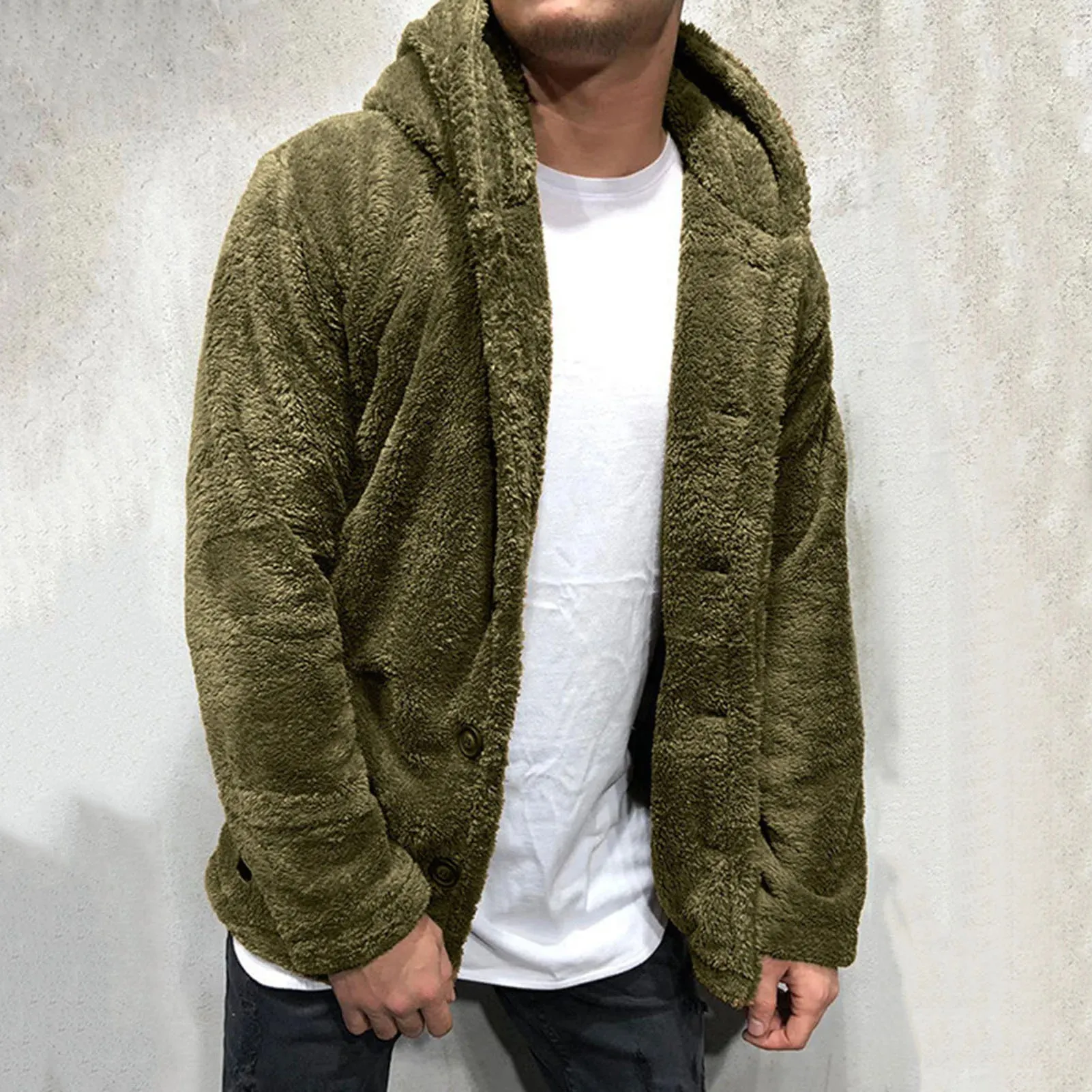 Coat Fluffy Fleece Thick Warm Windbreaker Jacket Long Sleeve Hooded Coat Plush Buttons Closure Thicken Warm Men Coat Outerwear