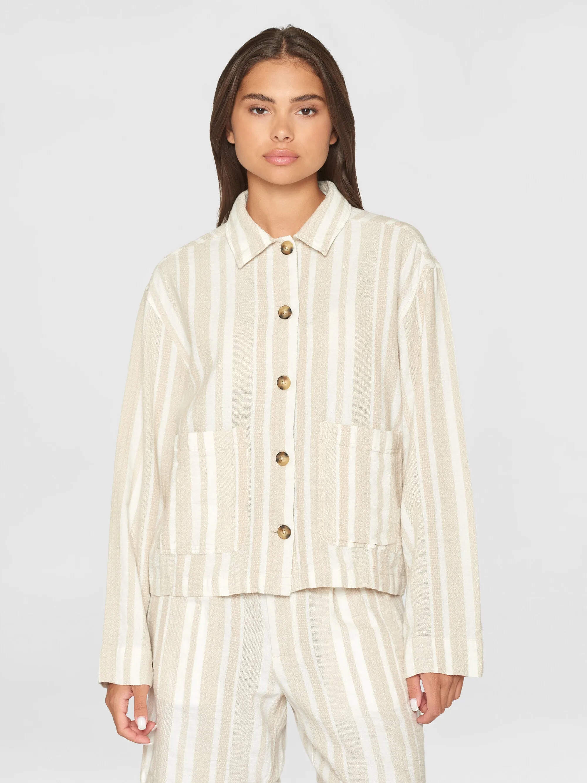 Jacquard woven stripe regular overshirt - GOTS/Vegan - Beige stripe