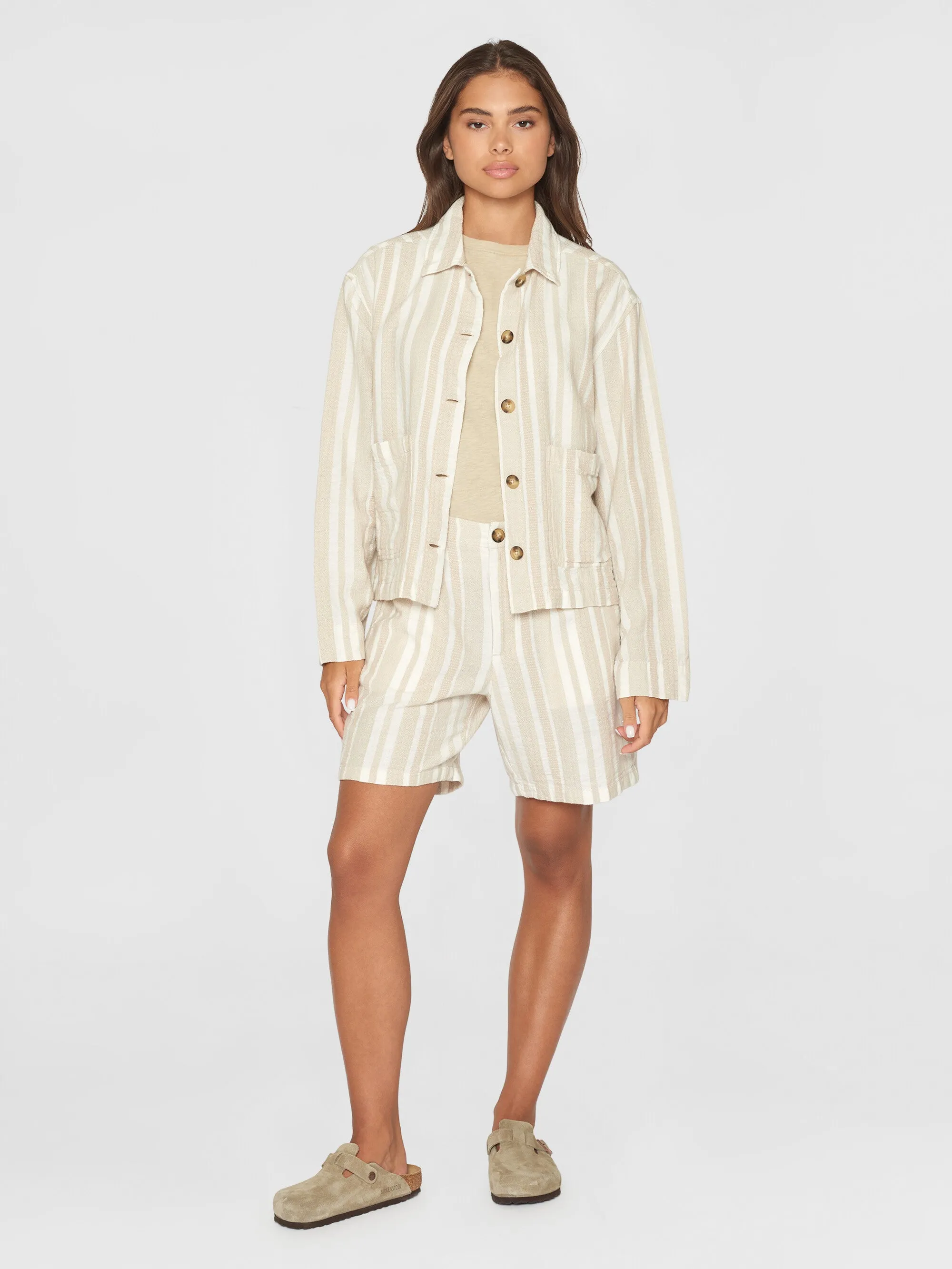 Jacquard woven stripe regular overshirt - GOTS/Vegan - Beige stripe