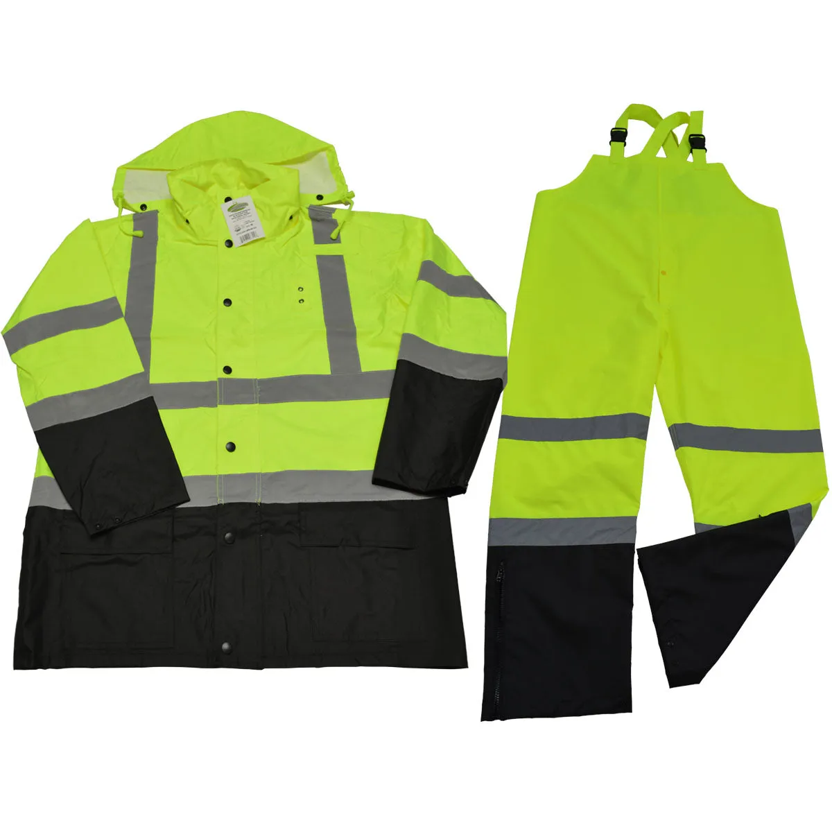 LBRC-3PCS-C3 ANSI/ISEA Class 3 Lime/Black Waterproof Rain Jacket & 3-Piece Rain suit