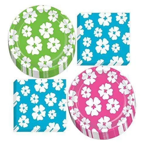 Luau Party Supplies - Hibiscus Flower Paper Dinner Plates and Luncheon Napkins (Serves 16)