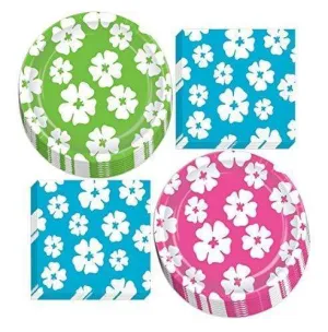 Luau Party Supplies - Hibiscus Flower Paper Dinner Plates and Luncheon Napkins (Serves 16)