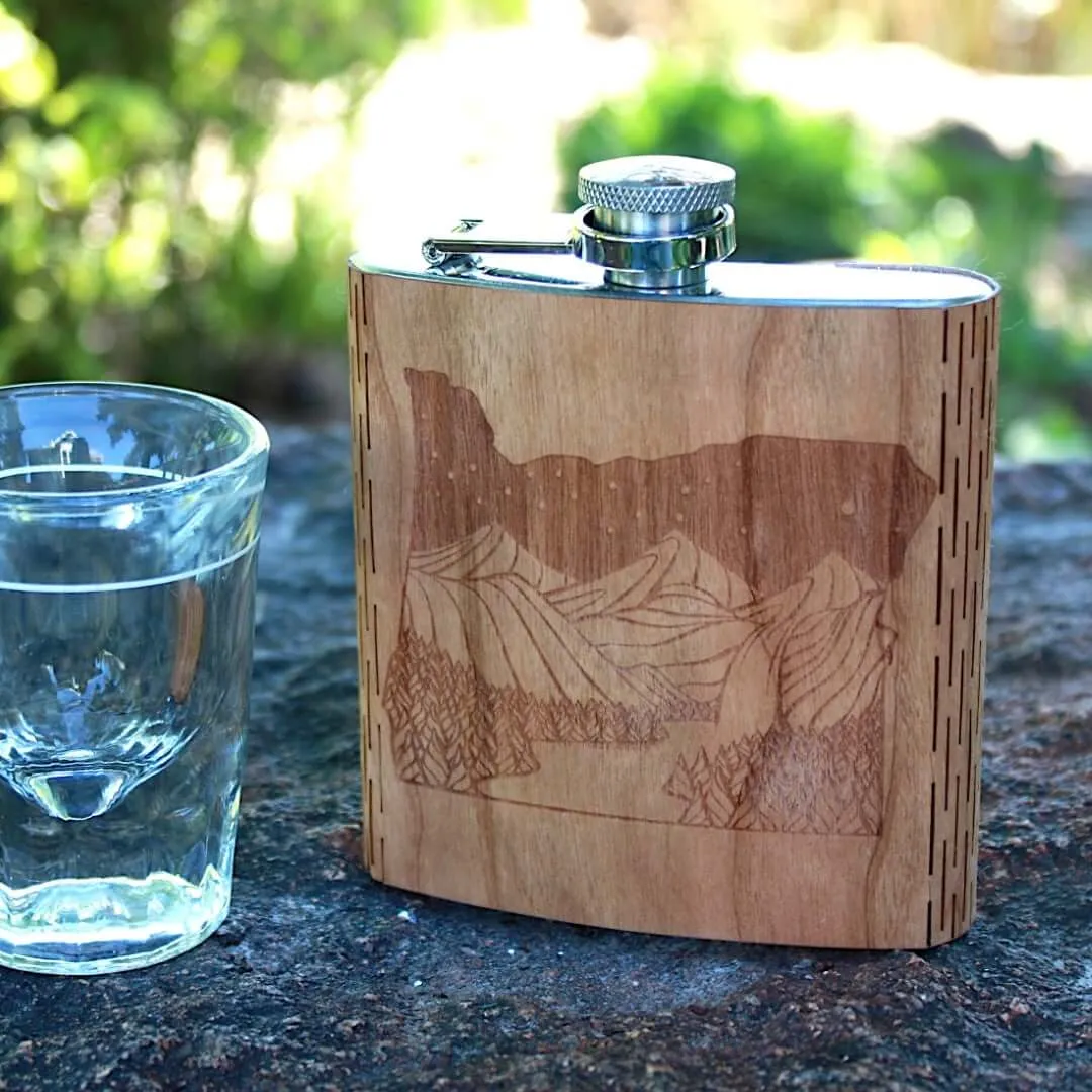 Oregon Night Landscape 6 oz. Wooden Hip Flask - Outdoor Adventure Collection - Art by Ben McKenzie