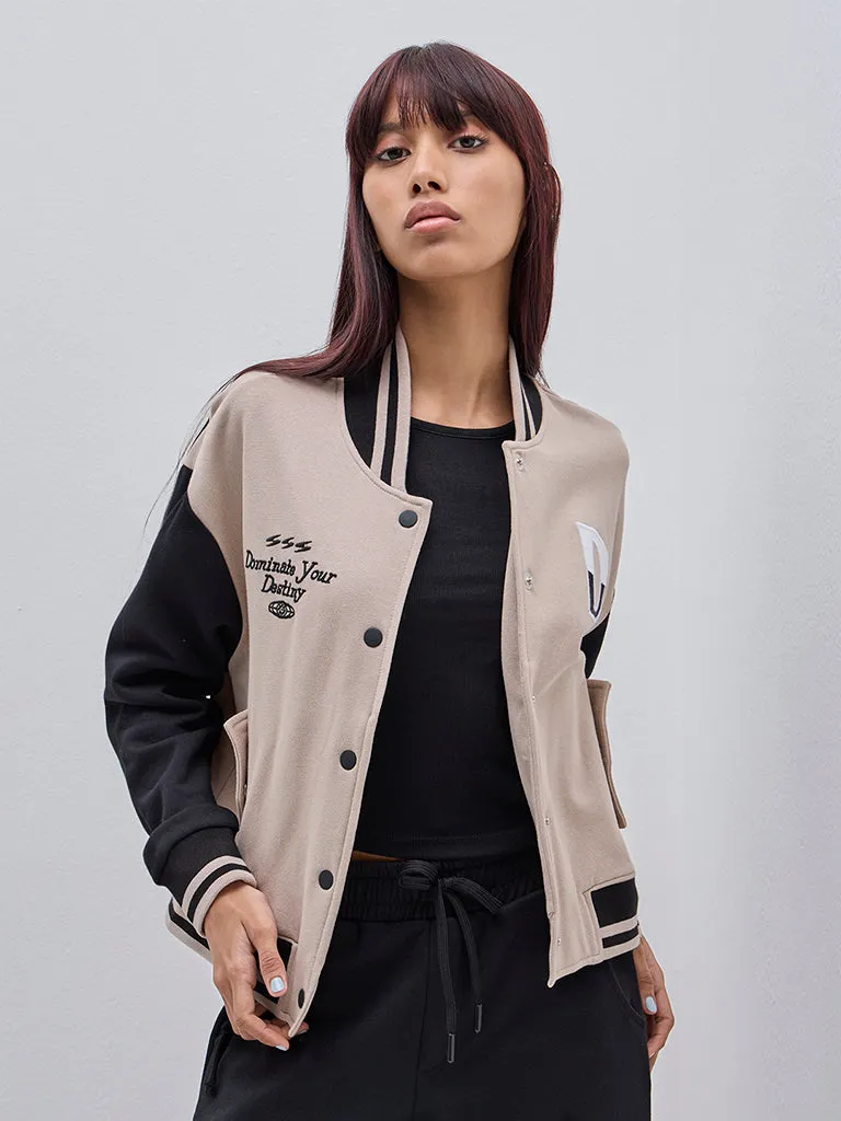 Studiofit Beige Colour-Blocked Varsity Jacket