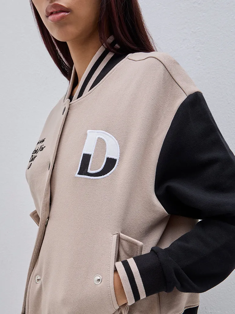 Studiofit Beige Colour-Blocked Varsity Jacket