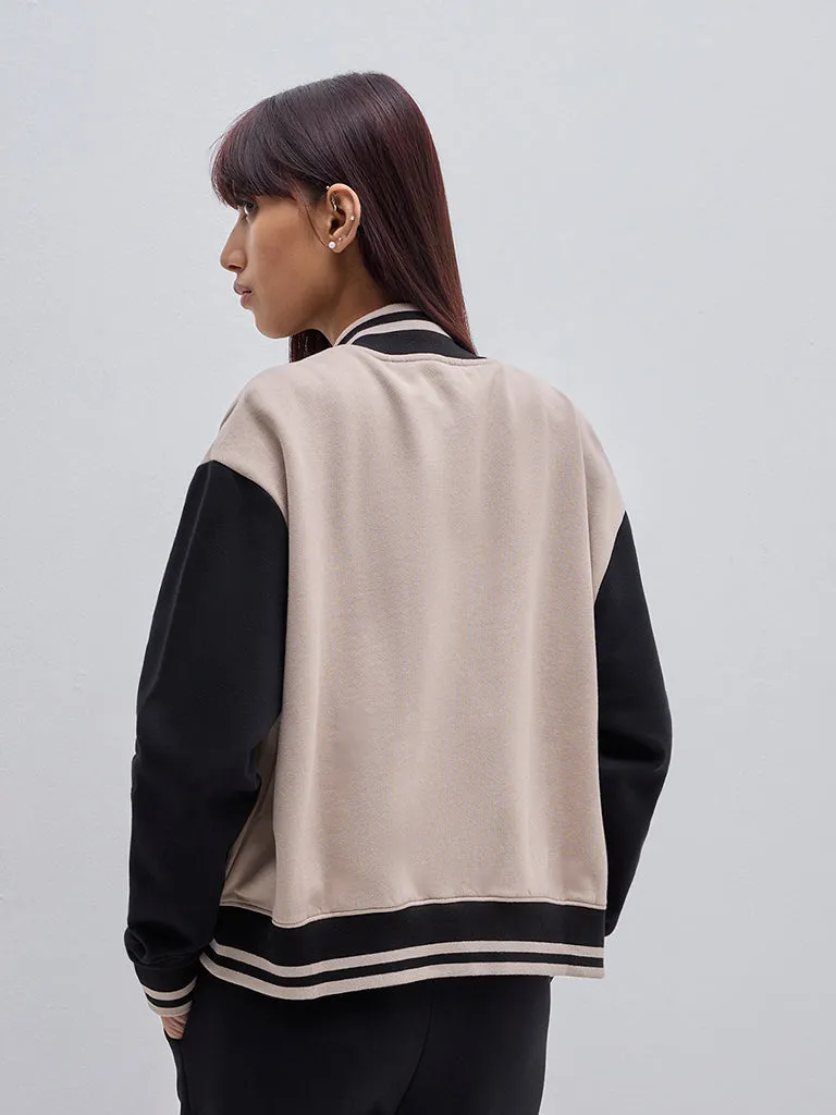 Studiofit Beige Colour-Blocked Varsity Jacket