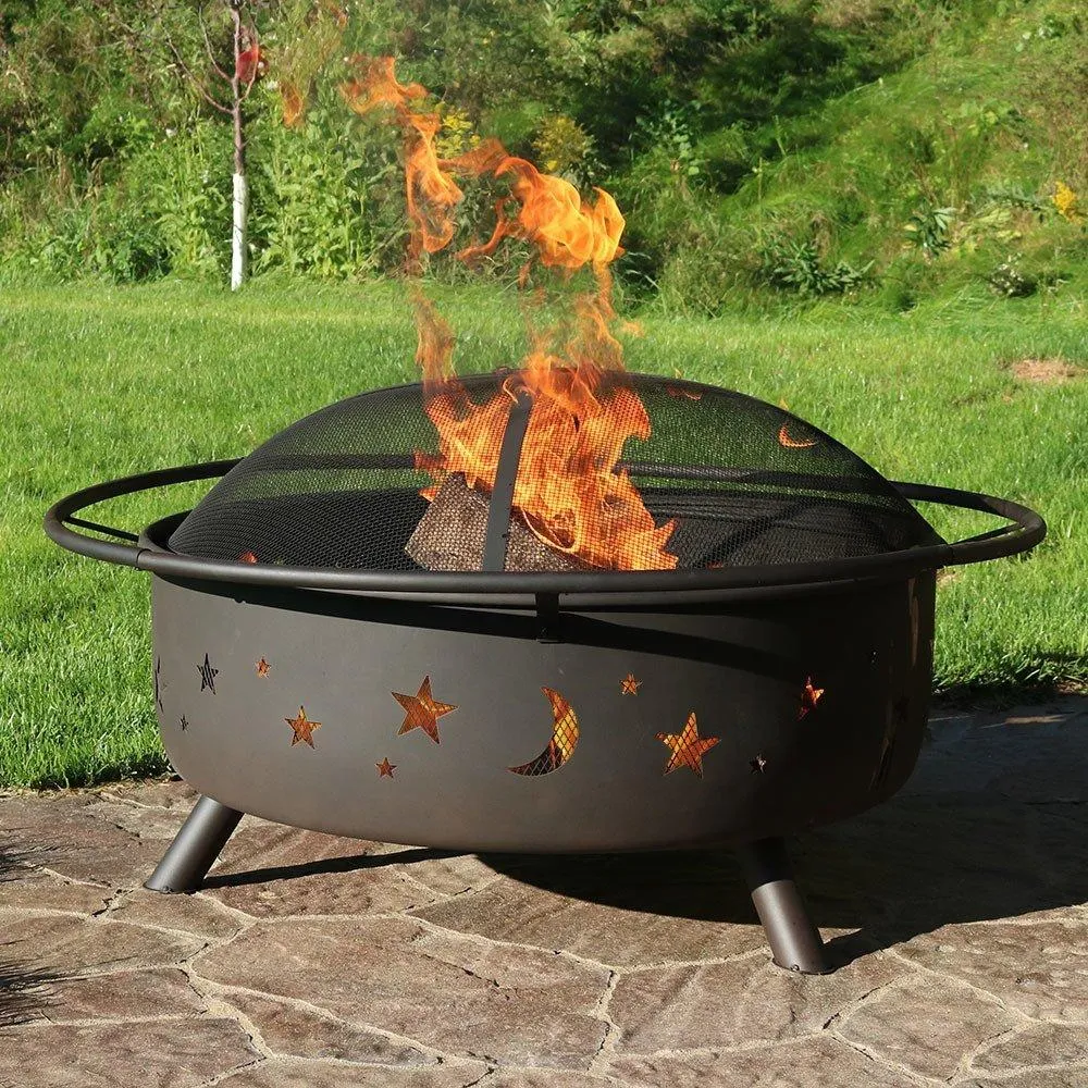 Sunnydaze 42 Inch Large Fire Pit with Spark Screen, Outdoor Wood-Burning, Cosmic Design