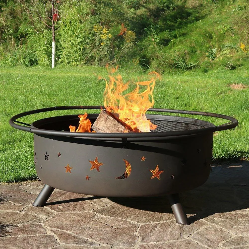 Sunnydaze 42 Inch Large Fire Pit with Spark Screen, Outdoor Wood-Burning, Cosmic Design