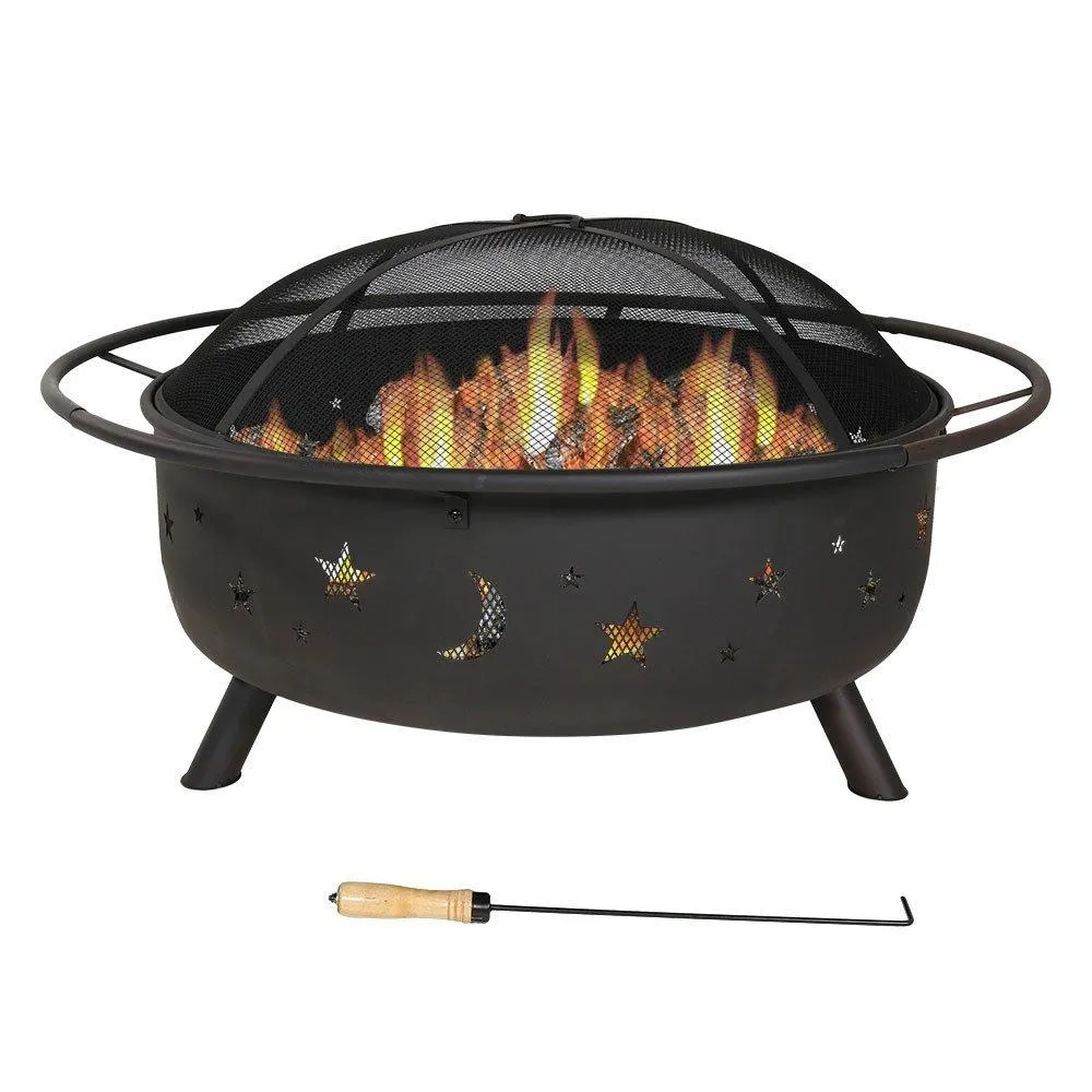 Sunnydaze 42 Inch Large Fire Pit with Spark Screen, Outdoor Wood-Burning, Cosmic Design