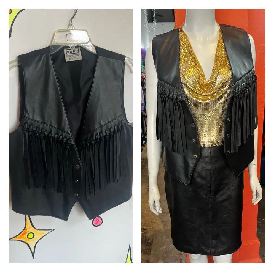 Vintage 80s 90s | Black Faux Leather Fringe Vest Cowgirl Biker Western | M